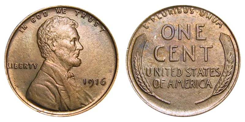 1916 Lincoln wheat penny obverse and reverse showing Lincoln portrait and wheat stalk design