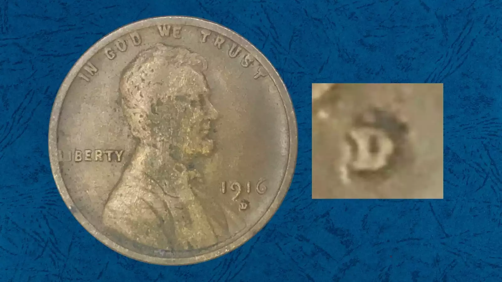 1916-D wheat penny repunched mint mark close-up showing D/D northeast secondary impression under magnification