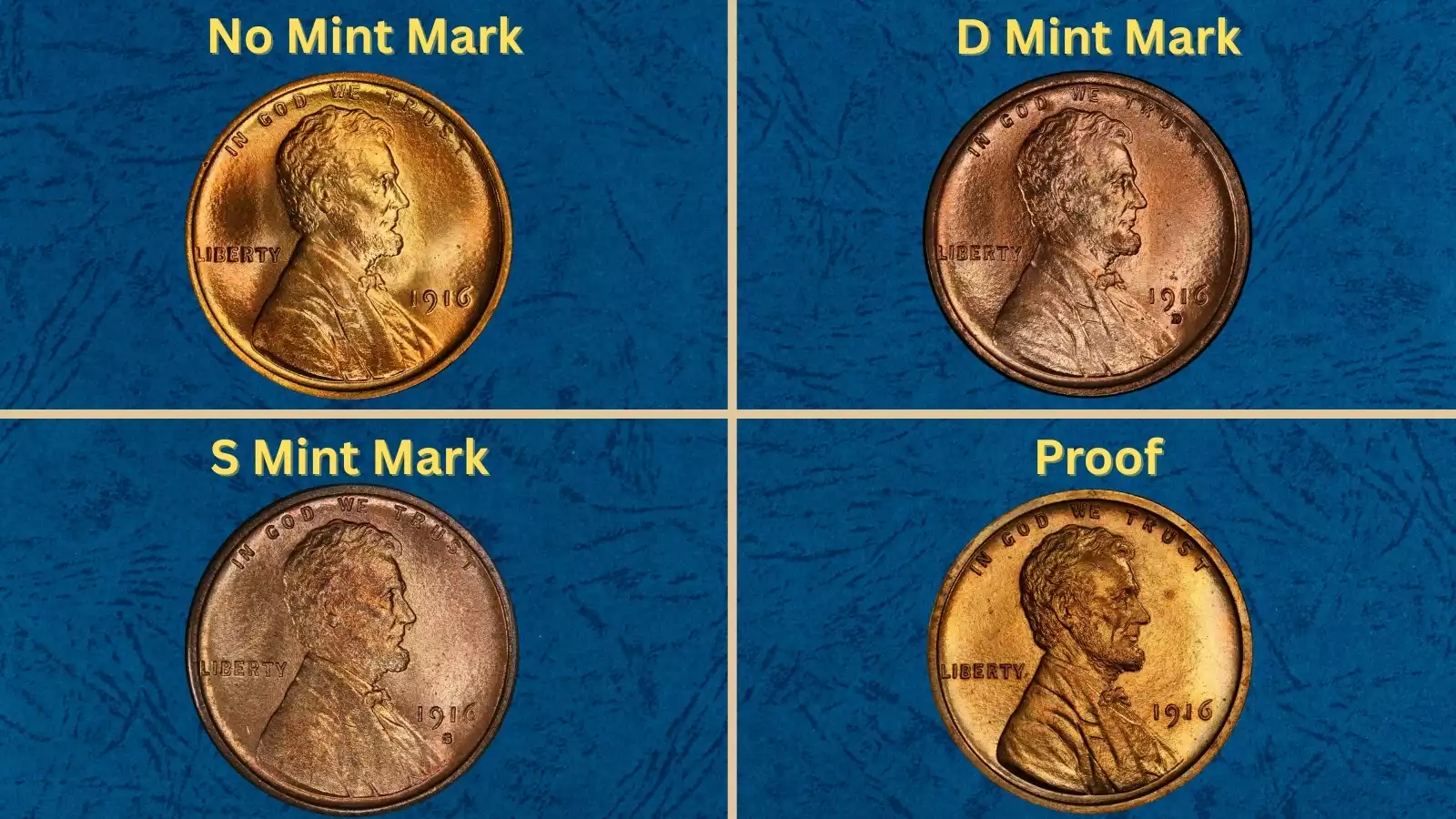 Group photograph of 1916 wheat penny specimens from all three mints — Philadelphia, Denver, and San Francisco
