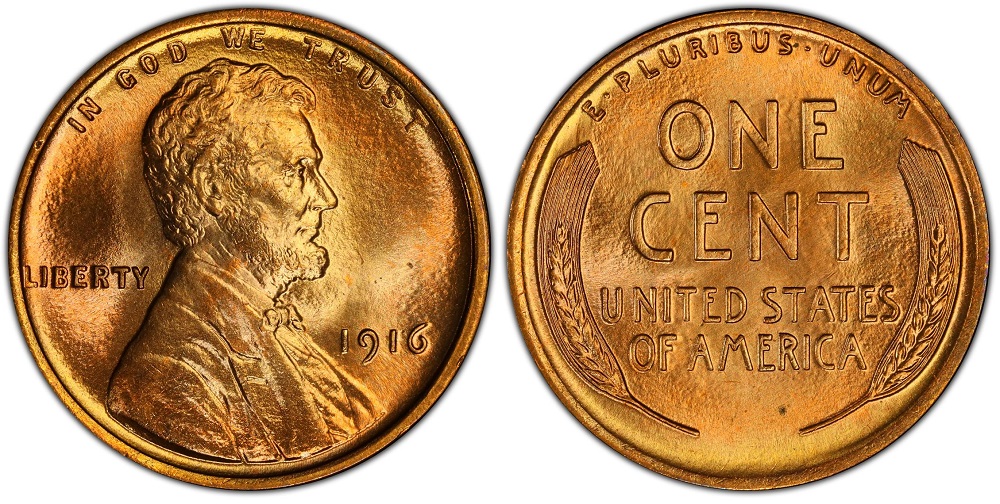 1916 wheat penny grading strip showing four condition levels from Good to Mint State side by side